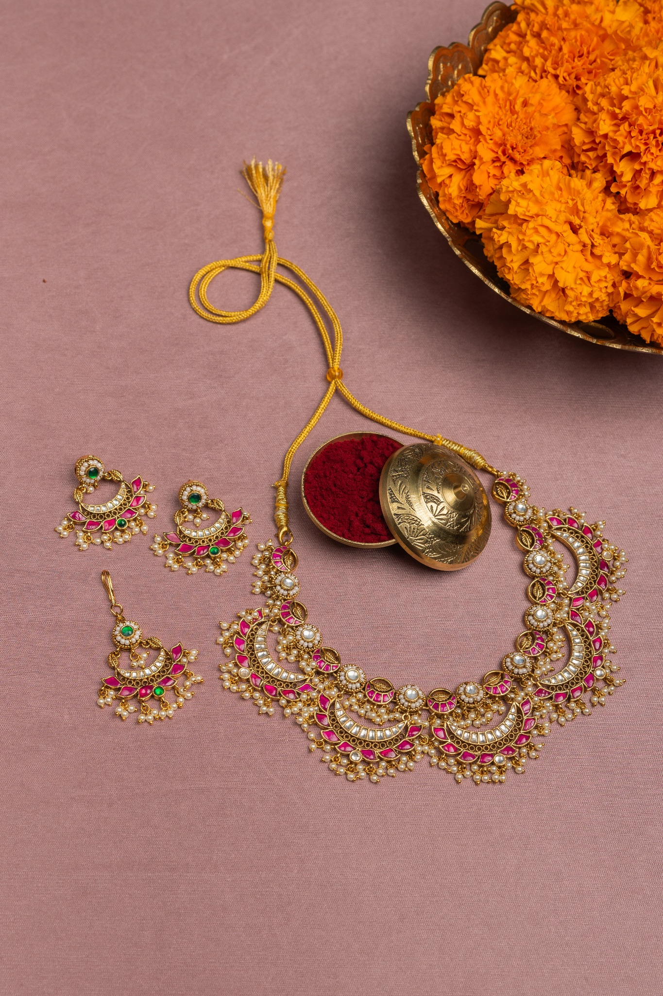 Polki Ruby Mala Necklace With Tikka