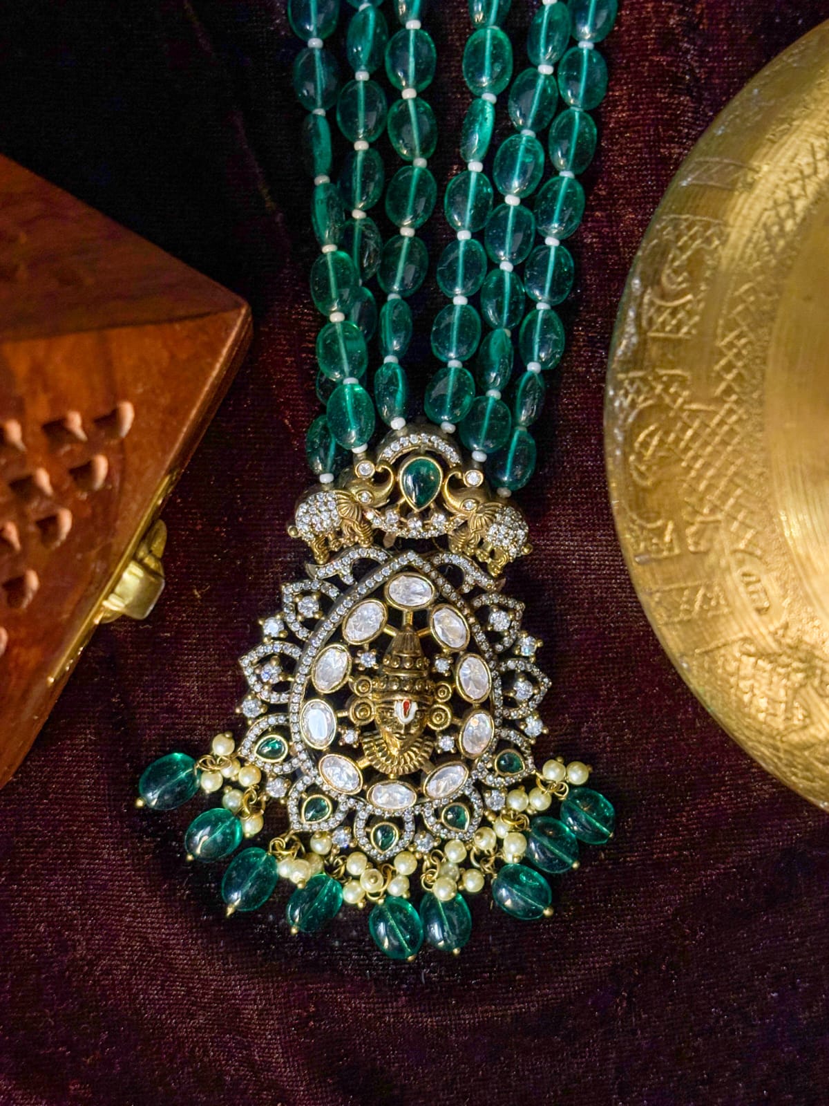 Divine Perumal Motif Emerald Mala AA-1215